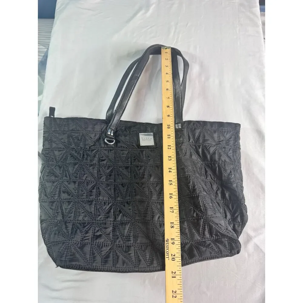 Nicole Miller New York Black Quilted Tote Bag Animal Print Lining Shoulder